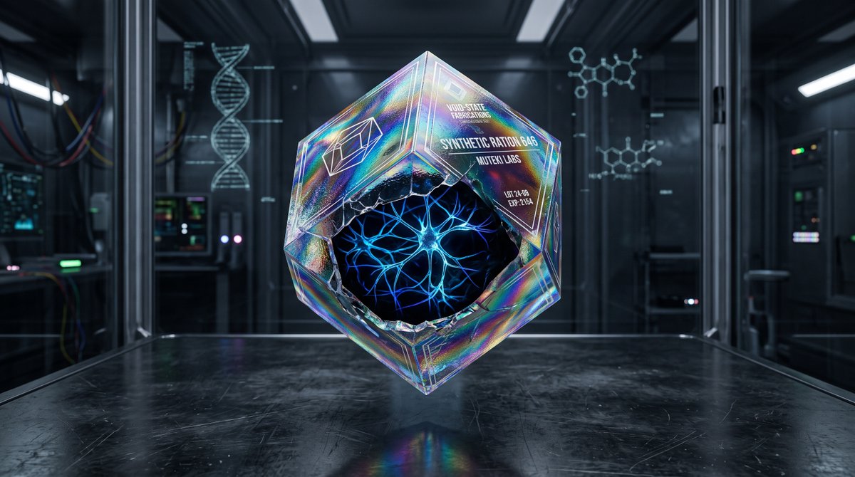 ** 一张超写实的微距摄影棚拍摄照片，主体为"虚空态造物合成口粮 646"。该物体是一个完美的几何菱形十二面体，拥有水晶般虹彩外壳，能将光线折射...