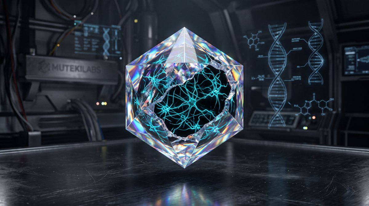 ** 一张超写实的微距摄影棚拍摄照片，主体为"虚空态造物合成口粮 646"。该物体是一个完美的几何菱形十二面体，拥有水晶般虹彩外壳，能将光线折射出不可能存在的色彩。其一面部分裂开，露出内部发光...