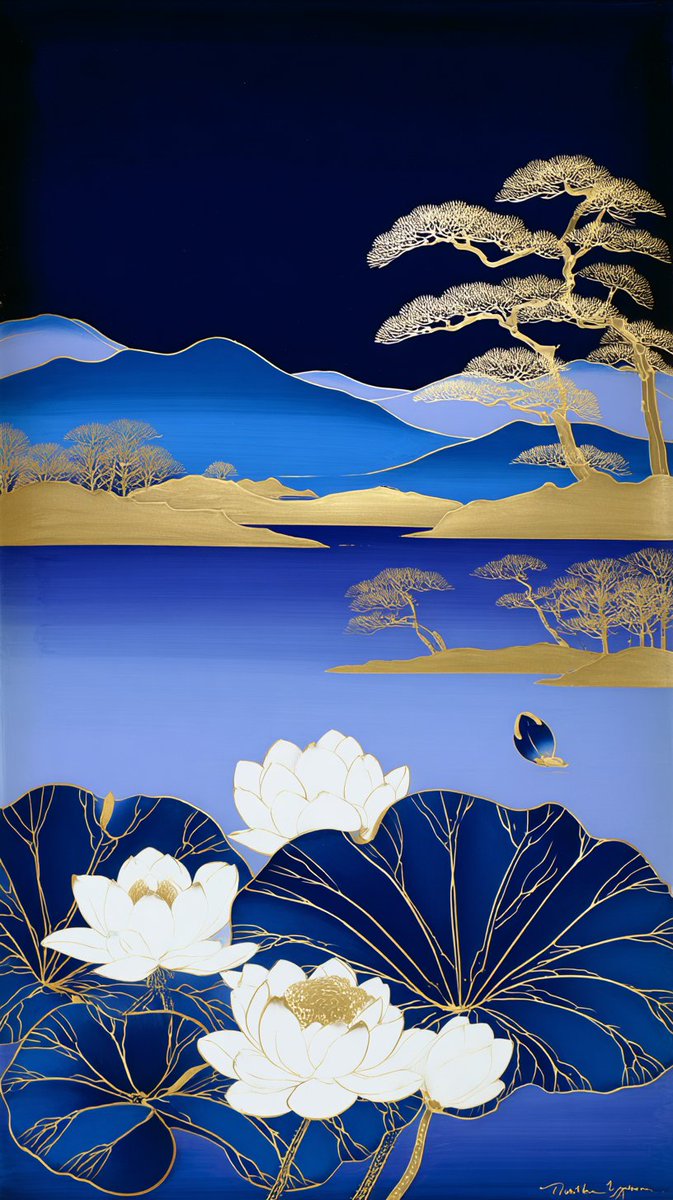 传统日本漆器艺术,莳绘风格,深靛蓝与金箔,宁静的夜景,前景为纯净的白色莲花,深蓝色荷叶带有精致的金色叶脉,平静的湖面带有细腻的金色涟漪,优雅的金...