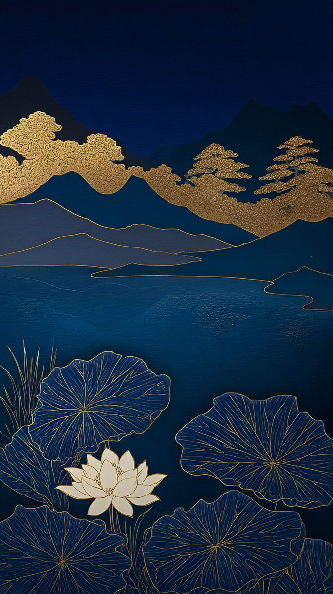 传统日本漆器艺术,莳绘风格,深靛蓝与金箔,宁静的夜景,前景为纯净的白色莲花,深蓝色荷叶带有精致的金色叶脉,平静的湖面带有细腻的金色涟漪,优雅的金色开花树木,日本松树的剪影,层叠的蓝色山峦轮廓,...