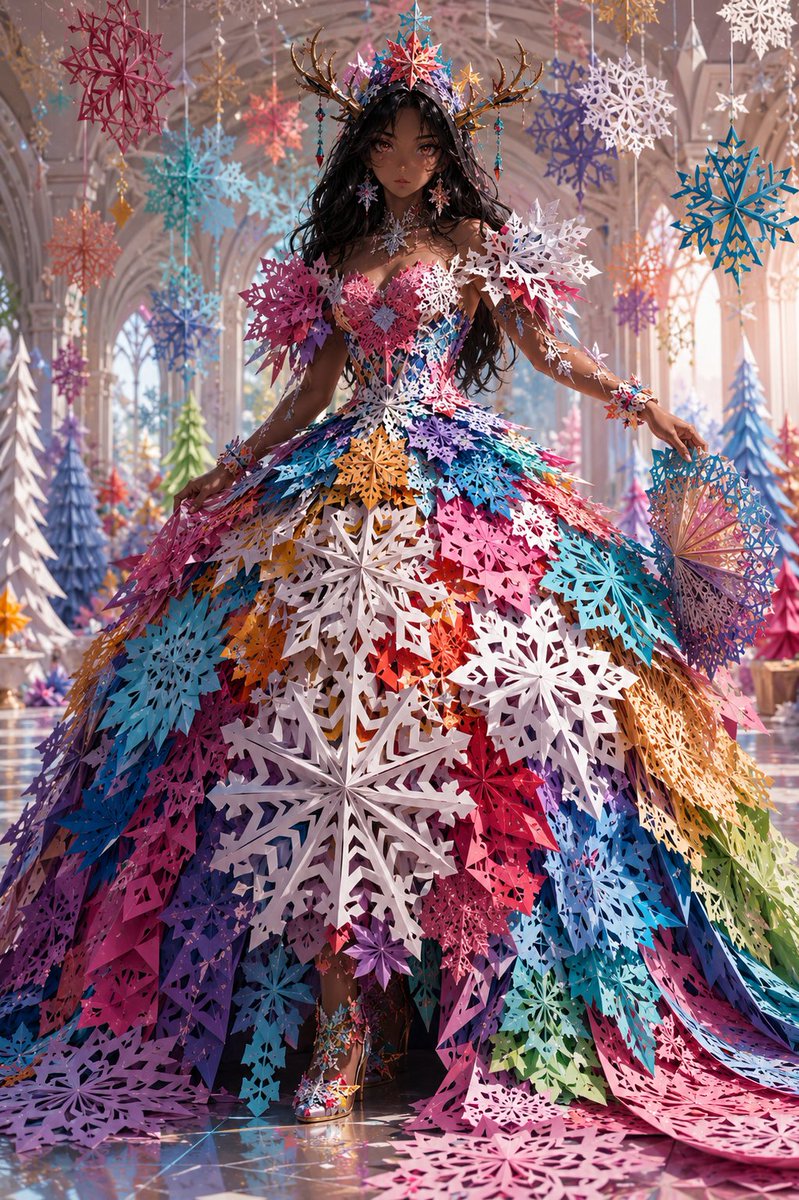 # 鲜艳纸质雪花裙 — 剪纸高级时装提示词 将所提供的图像作为模型唯一的视觉身份参考。 创作一幅完成的、高度细致的时装插画，描绘**明显是成年人**的单一模特，身着一件完全由分层纸质雪花和装饰...