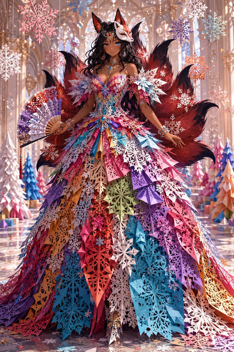 # 鲜艳纸质雪花裙 — 剪纸高级时装提示词 将所提供的图像作为模型唯一的视觉身份参考。 创作一幅完成的、高度细致的时装插画，描绘**明显是成年人**的单一模特，身着一件完全由分层纸质雪花和装饰...