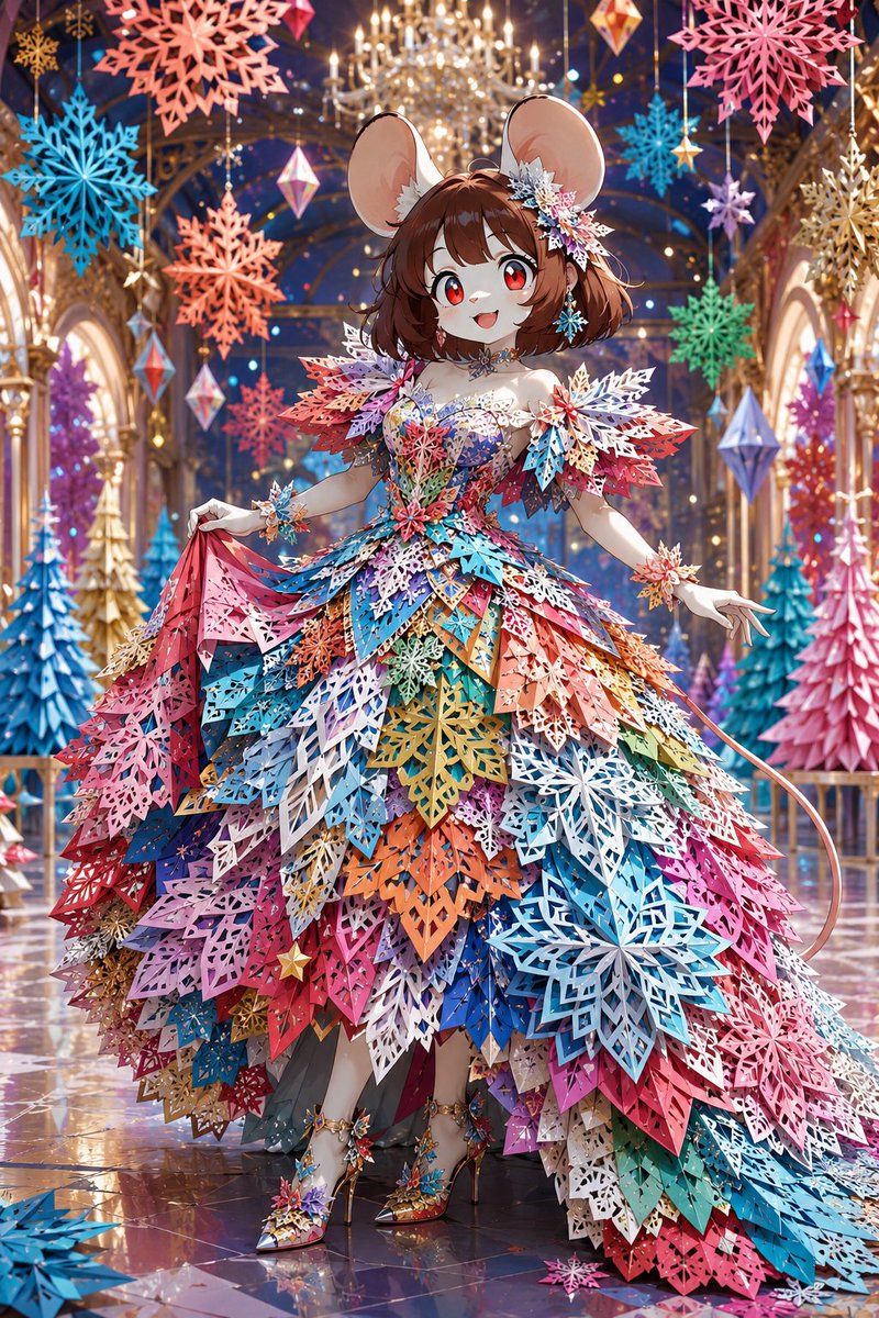 # 鲜艳纸质雪花裙 — 剪纸高级时装提示词 将所提供的图像作为模型唯一的视觉身份参考。 创作一幅完成的、高度细致的时装插画，描绘**明显是成年人**的单一模特，身着一件完全由分层纸质雪花和装饰...
