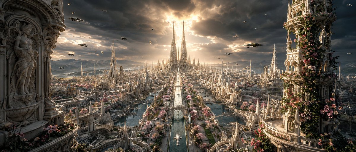超写实生物有机奇幻科幻3D渲染，广阔的未来主义哥特巨型都市，由骨白色生物机械尖塔构成，形似融化的蜡或珊瑚形态，两座高耸的双子针塔刺入消失点的风暴...