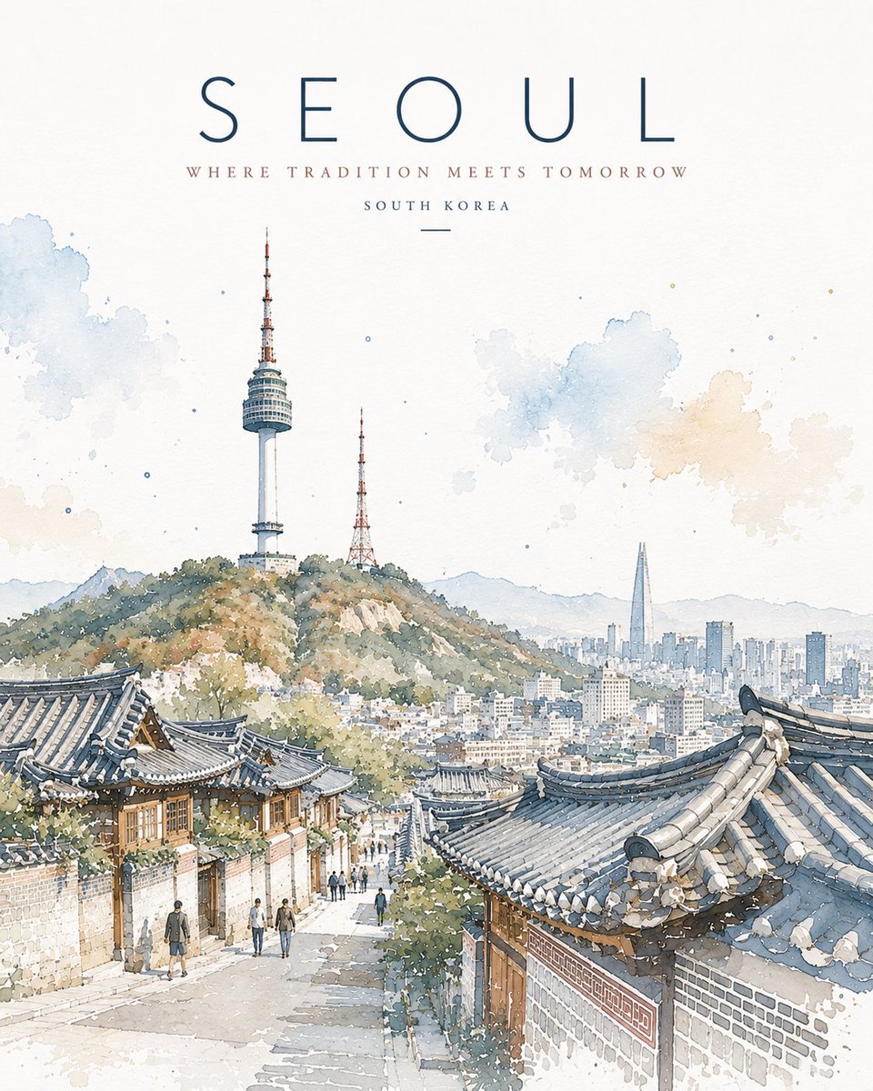极简水彩旅行海报插画，描绘 [LOCATION/LANDMARK]，优雅的建筑素描，带有表现力十足的墨线线条与松散的水彩晕染，明亮的白色纸张背景...