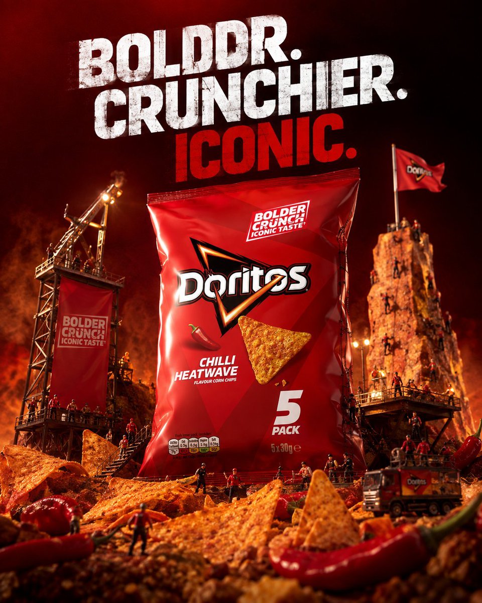 为[Doritos]（多力多滋）制作一张以[Doritos]（多力多滋）为核心的精品广告海报。 将产品置于一个电影感微缩世界的中心，这个微缩世界应受到其品牌基因、品类、功能、质地、口味、材质、...