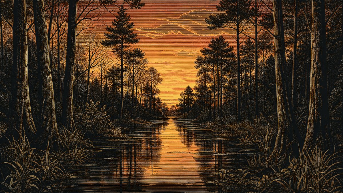 一幅高度精致的复古风格风景插画，描绘黄昏时分静谧的森林湿地，采用雕版印刷或刮版画艺术作品的视觉效果。画面以深邃的黑色剪影和温暖的金色线条为主，暮...
