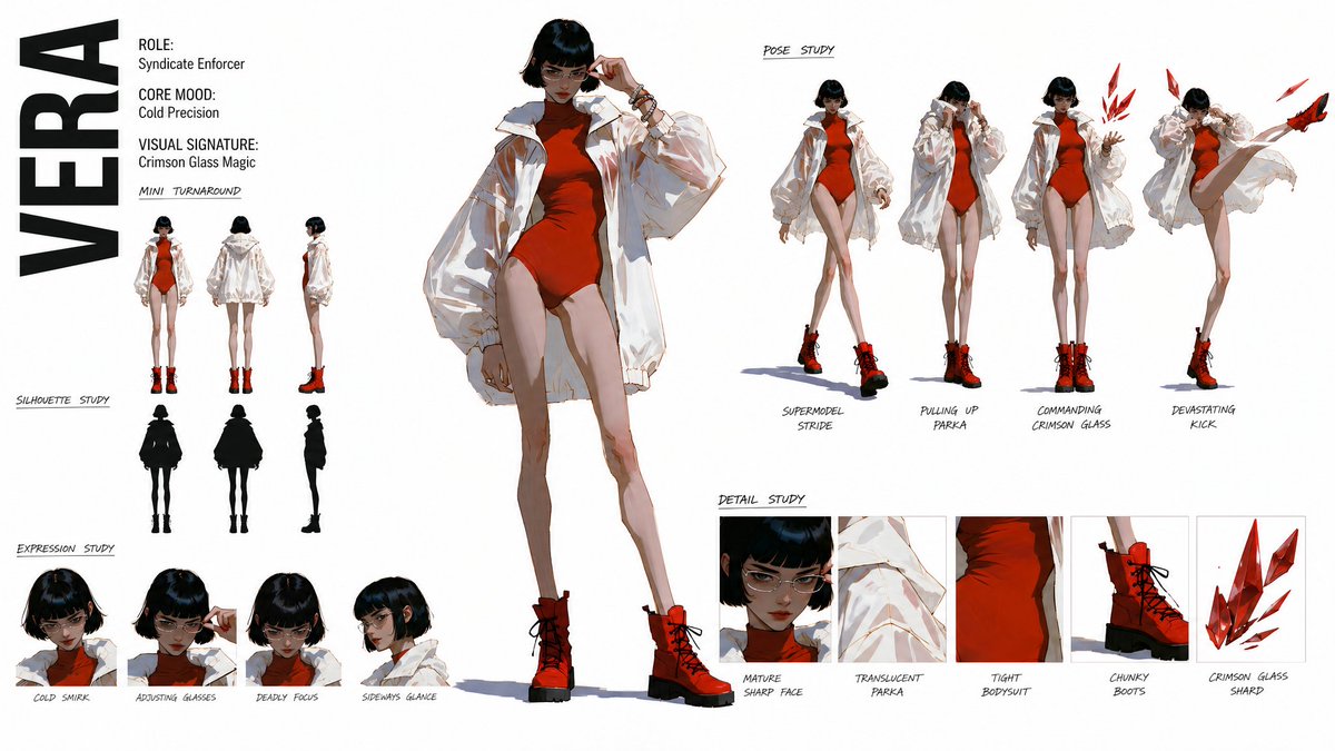 创作一份高级、现代的高端时尚角色概念美术设定表（CHARACTER CONCEPT ART SHEET），采用 16:9 宽屏布局，背景为纯白色...