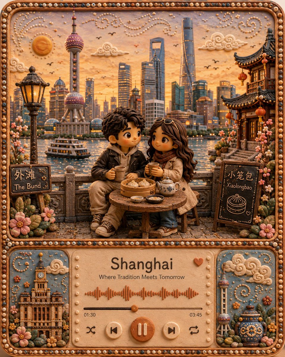 创作一幅适合 Instagram 的高端 4:5 竖版手工艺旅行插画，灵感来自 {LOCATION}。融合可爱的 3D 萌系角色、柔和哑光橡皮泥...