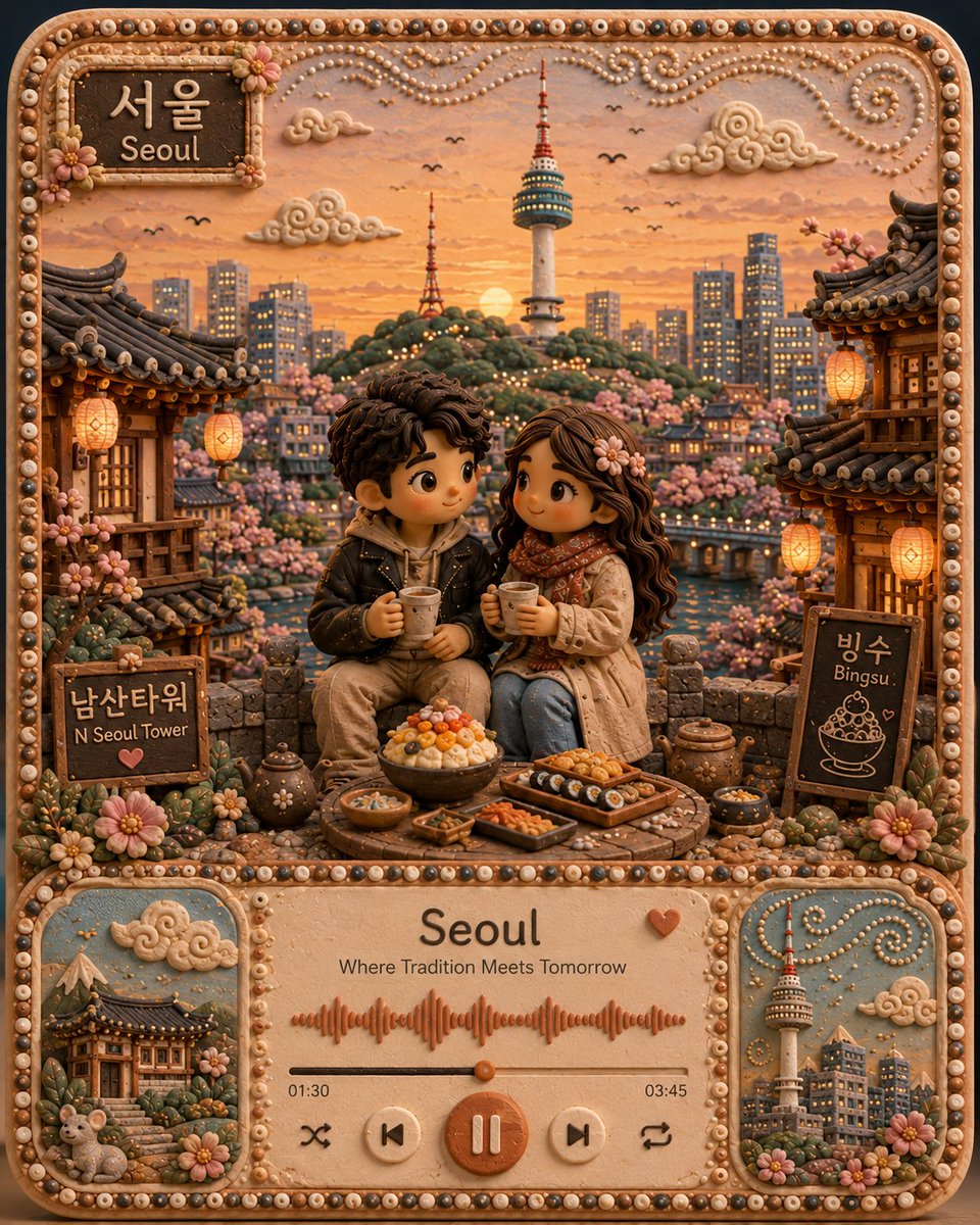 创作一幅适合 Instagram 的高端 4:5 竖版手工艺旅行插画，灵感来自 {LOCATION}。融合可爱的 3D 萌系角色、柔和哑光橡皮泥质感、微缩立体场景工艺，以及微妙的冈德民间艺术风...