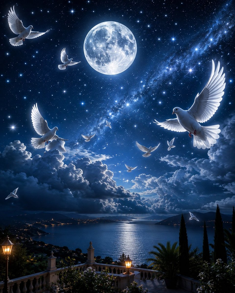 一个超电影感、超现实的夜空，一轮巨大的发光满月照亮大地，成千上万颗闪闪发光的星星布满天空，无数纯白的鸽子优雅地飞越天际， 提示词在ALT中续接 👇 https://t.co/9iVtsIcQL...