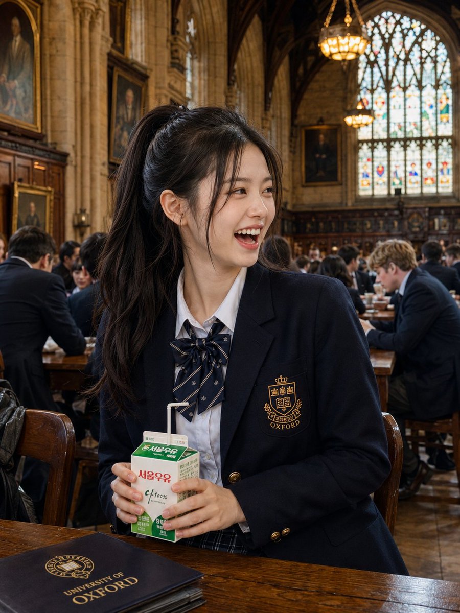 在牛津大学历史悠久的餐厅午餐时段，拍摄一位美丽的东亚年轻女性的超写实抓拍人像。她拥有一头柔顺的乌黑长发，扎成高马尾，配以柔和的修饰脸型发丝，瓷器般无瑕的肌肤，淡妆配以一抹清新的粉色腮红，水润亮...