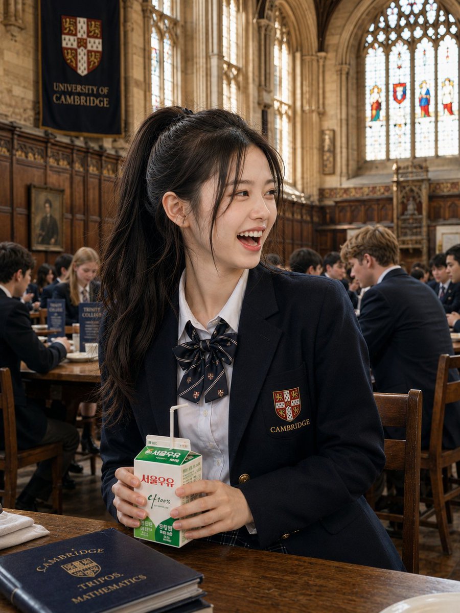 在牛津大学历史悠久的餐厅午餐时段，拍摄一位美丽的东亚年轻女性的超写实抓拍人像。她拥有一头柔顺的乌黑长发，扎成高马尾，配以柔和的修饰脸型发丝，瓷器般无瑕的肌肤，淡妆配以一抹清新的粉色腮红，水润亮...