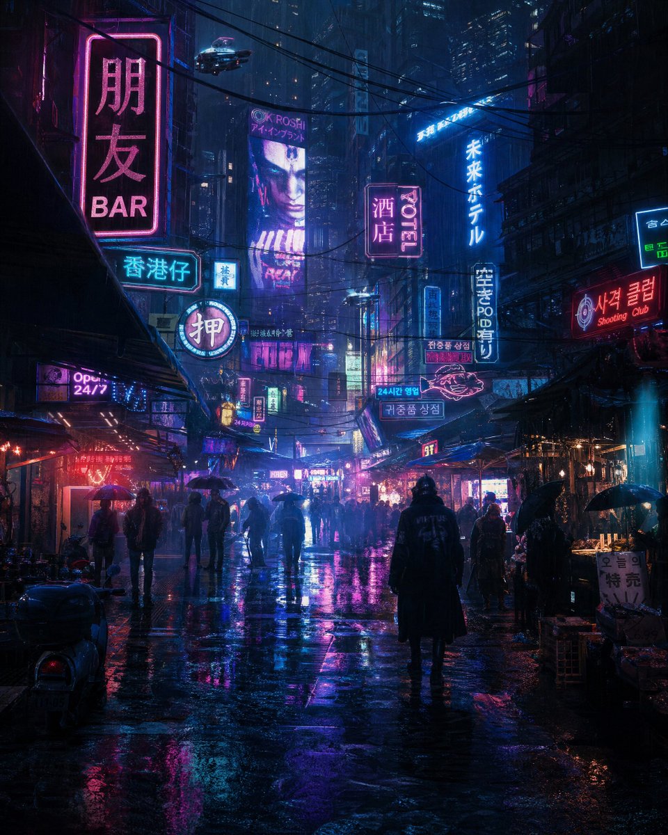 使用 Gpt image 2.0 制作 该 4K 图像的提示词： 夜晚的雨夜赛博朋克巨型城市，极其精细的电影级街景，密集的未来主义亚洲大都市，遍...