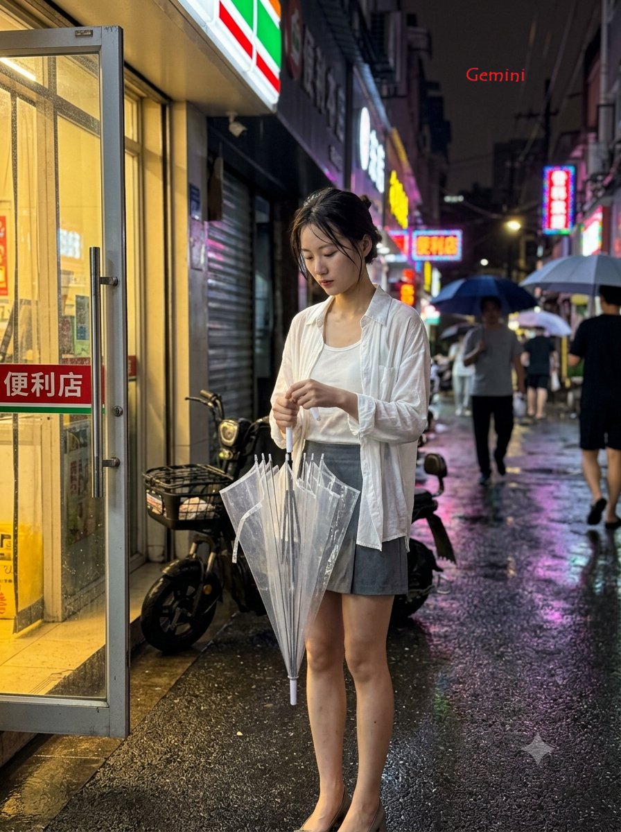 3:4,iPhone 17 后置摄像头搭配 35mm 镜头,抓拍真实生活随拍。 主体:26 岁的纤细中国女性,自然随性的发型,简单的内搭外披一件白色薄衬衫,灰色短裙,低跟鞋,衣物微微潮湿但不暴...