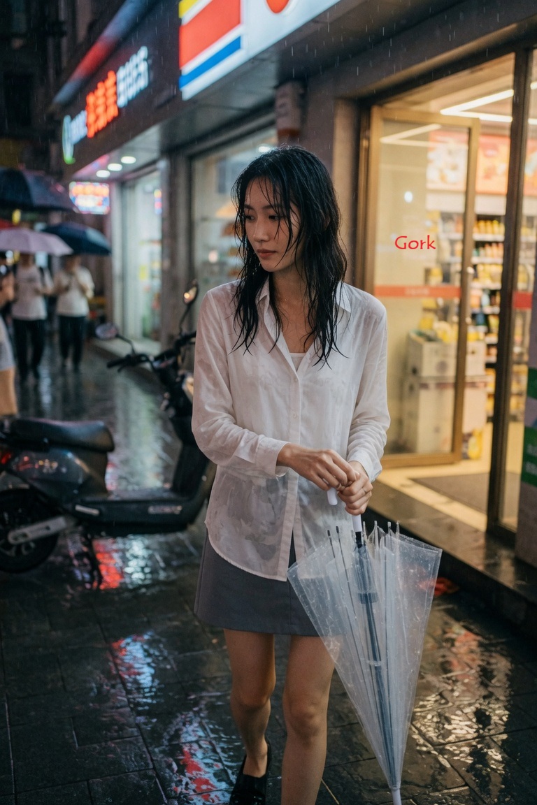 3:4,iPhone 17 后置摄像头搭配 35mm 镜头,抓拍真实生活随拍。 主体:26 岁的纤细中国女性,自然随性的发型,简单的内搭外披一件白色薄衬衫,灰色短裙,低跟鞋,衣物微微潮湿但不暴...
