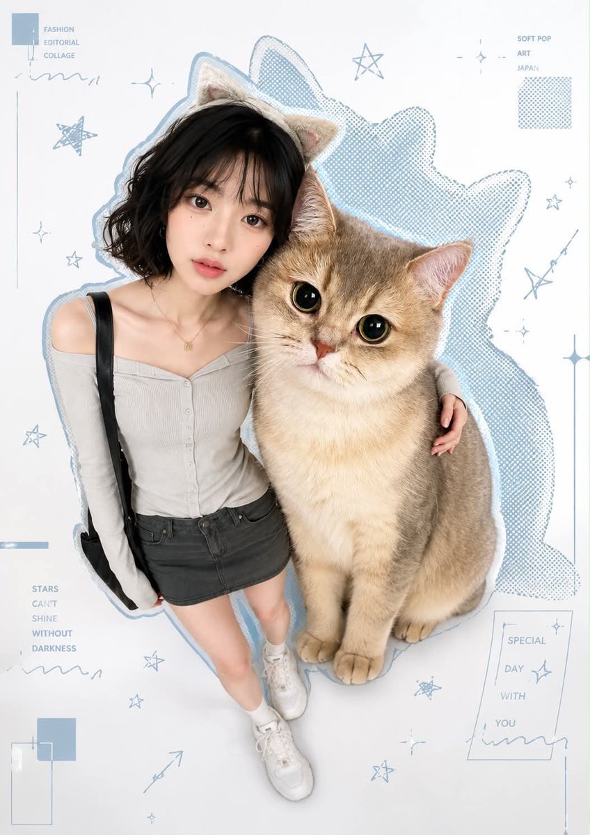 一张时尚编辑拼贴风格的照片，采用Y2K"柔和波普艺术"美学，画面中一位亚洲模特在一面白色的背景前与一只宠物俏皮地摆姿势。模特和宠物都有独特的蓝色轮廓半调点阵边框。模特戴着与宠物相关的独特头饰，...