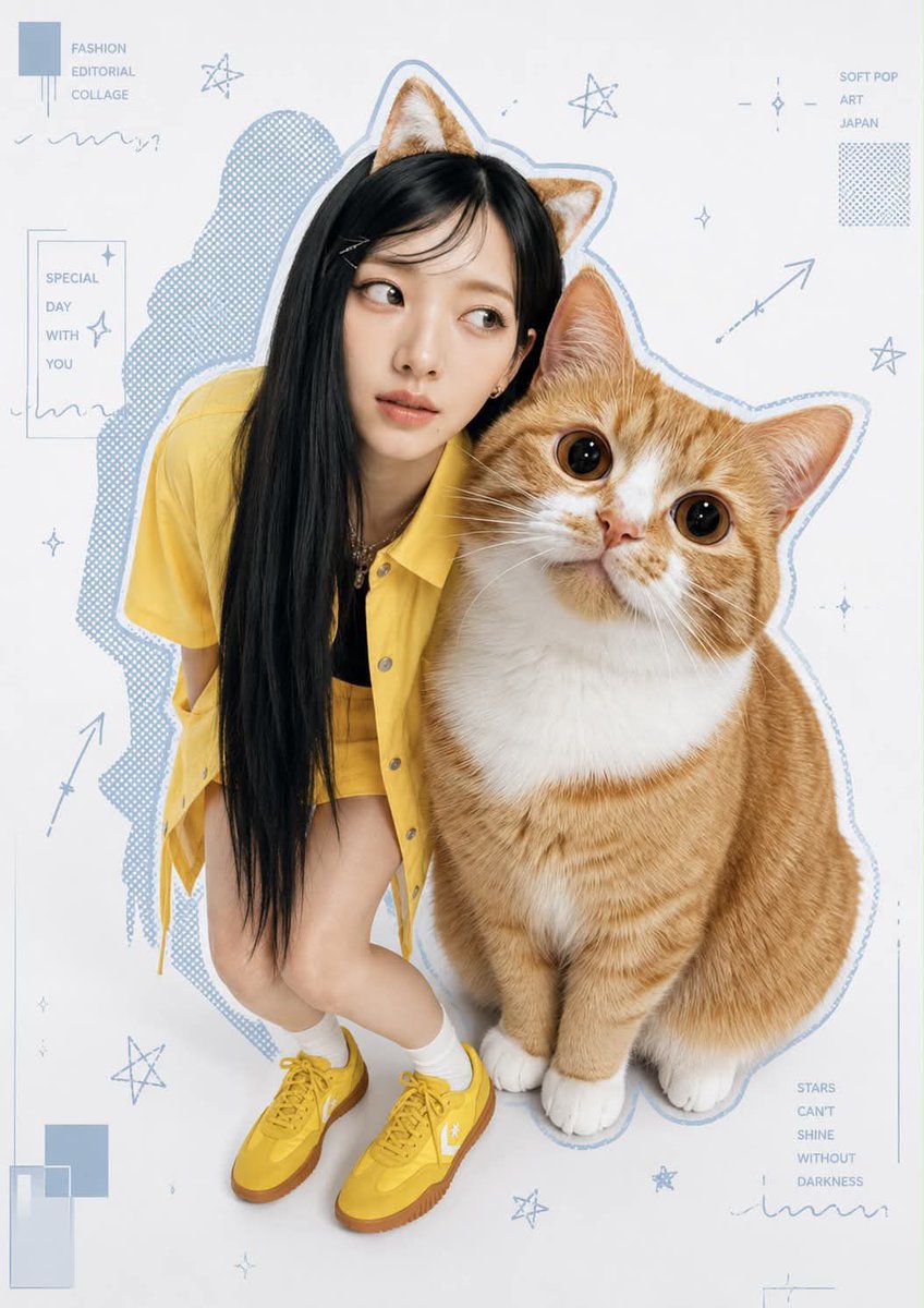 一张时尚编辑拼贴风格的照片，采用Y2K"柔和波普艺术"美学，画面中一位亚洲模特在一面白色的背景前与一只宠物俏皮地摆姿势。模特和宠物都有独特的蓝色轮廓半调点阵边框。模特戴着与宠物相关的独特头饰，...