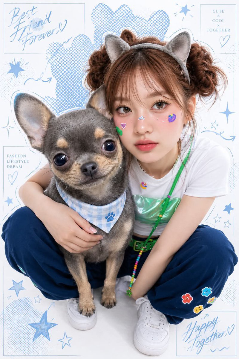 一张时尚编辑拼贴风格的照片，采用Y2K"柔和波普艺术"美学，画面中一位亚洲模特在一面白色的背景前与一只宠物俏皮地摆姿势。模特和宠物都有独特的蓝色轮廓半调点阵边框。模特戴着与宠物相关的独特头饰，...