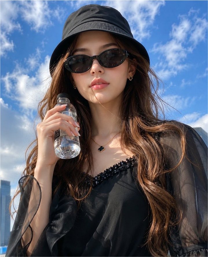 超现实主义时尚人像照：一位时髦的年轻女性置身户外，头顶是鲜艳的蓝色夏日天空和柔和的白云。采用智能手机从胸部高度向上的低角度仰拍视角，营造出强烈的杂志大片感。她头戴黑色渔夫帽，戴着光泽感椭圆形黑...
