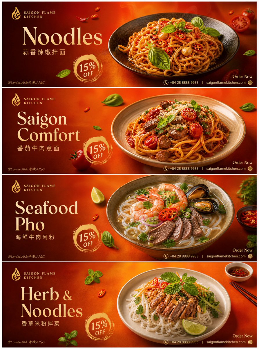 改变的布局结构，网页布局，产品卡片网格，廉价餐厅传单，伪造的面条质感，塑料感的食物，杂乱的排版，通用食品广告，卡通图形，过于饱和的颜色，低细节香草，凌乱的摆盘，刺眼的闪光灯光