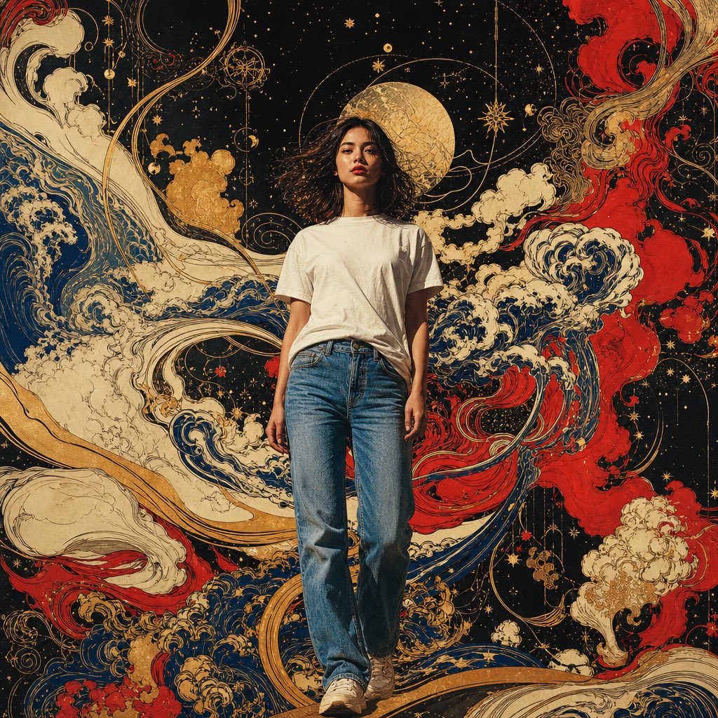 超现实主义极繁时尚艺术作品,天生丽质的年轻女性,全身,近前景,面向镜头,神情平静而富有吸引力。身穿宽松的纯白棉质T恤、褪色中蓝色直筒牛仔裤,齐肩深色头发轻柔飘动。写实的面部特征,自然的皮肤质感...
