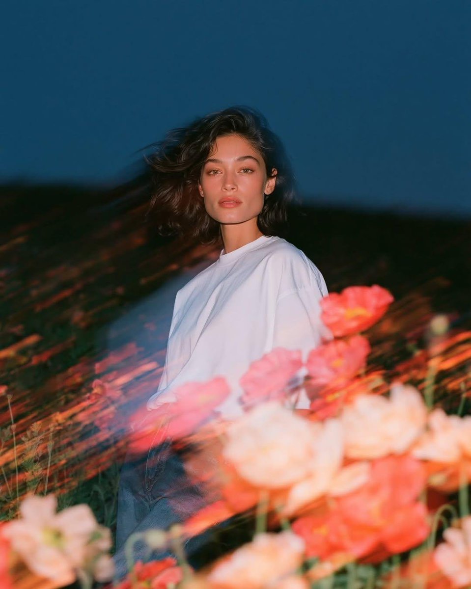 写实风格的实验性时尚人像：一位天生丽质的年轻女子正面站立于蓝色时刻狂风拂过的野花田中，镜头从大腿向上以平视取景。她身穿一件宽松的纯白棉质T恤，搭配水洗中蓝色直筒牛仔裤，日常随性的自然穿搭，深色...