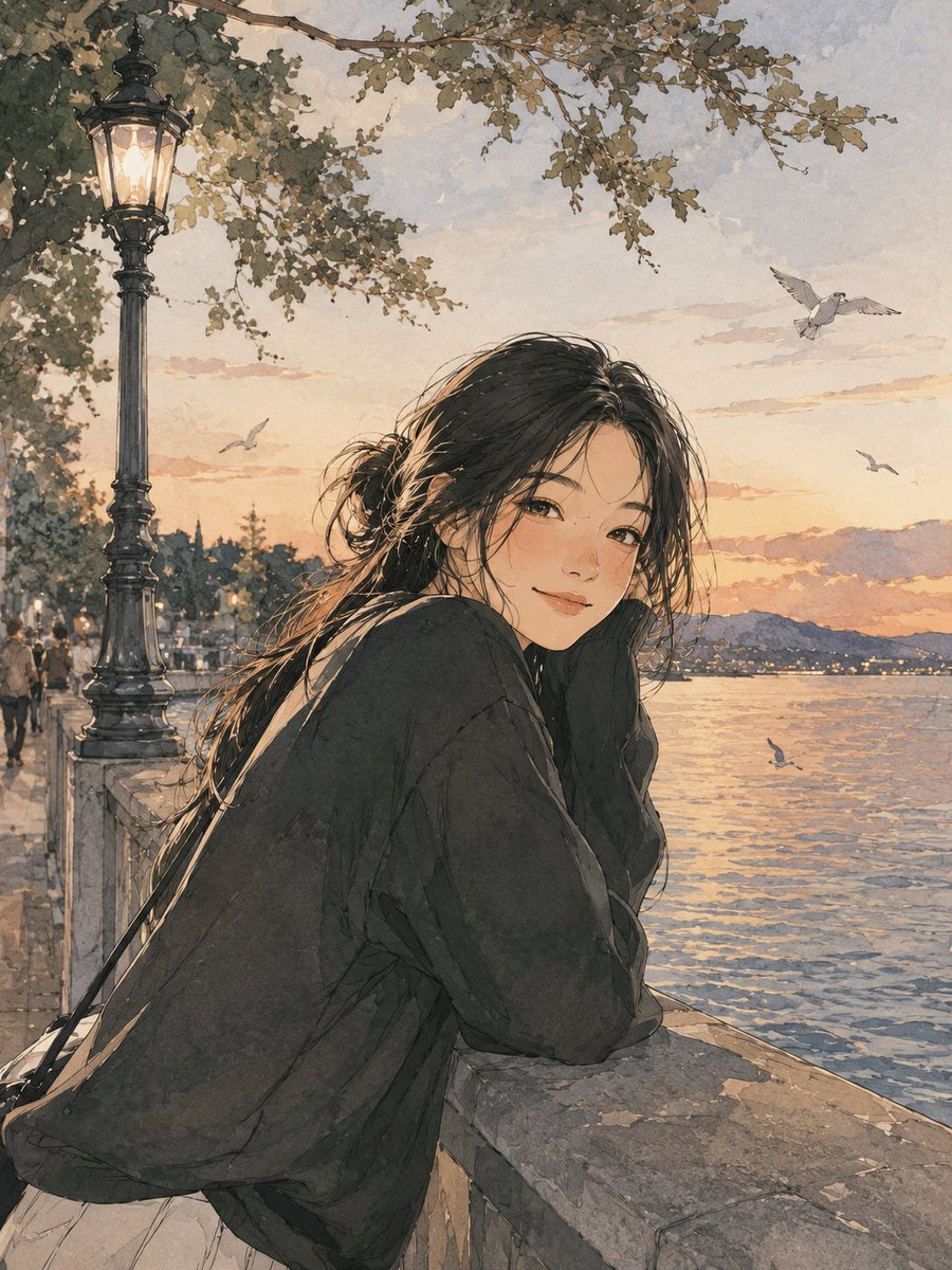 水彩纸纹理, 柔和的水彩插画，伴有精致的墨线艺术, 动漫风格的写实主义, 高度精细, 4:5, 年轻女性，长长的黑发，柔和的面部特征，玫瑰色的脸...