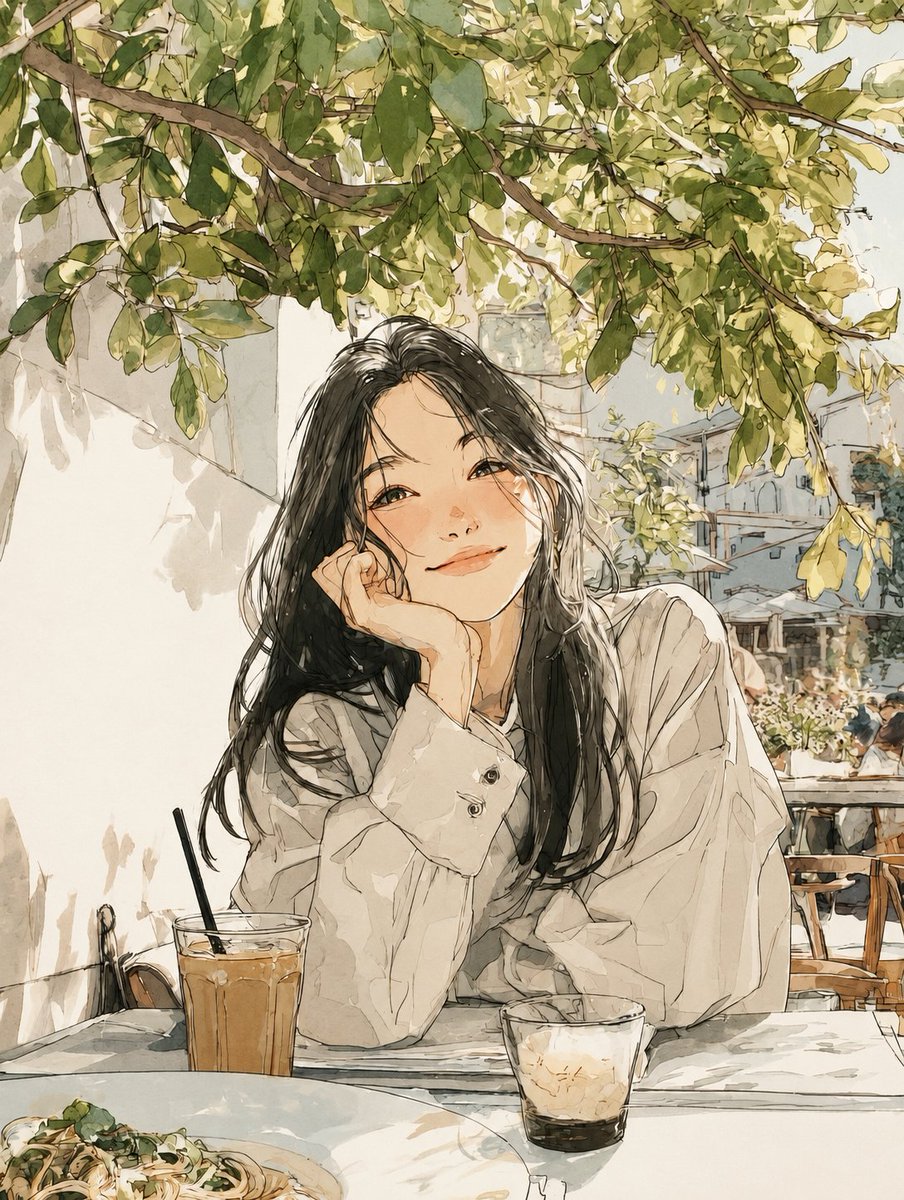 水彩纸纹理, 柔和的水彩插画，伴有精致的墨线艺术, 动漫风格的写实主义, 高度精细, 4:5, 年轻女性，长长的黑发，柔和的面部特征，玫瑰色的脸颊，富于表现力的眼睛，温柔的微笑, {{POSE...