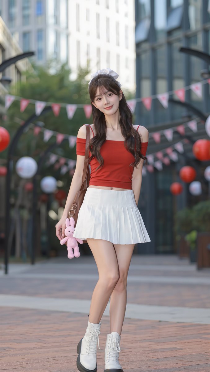 [Kling 提示词] 一张全身写实摄影照片：一位可爱的东亚年轻女性，二十岁出头，户外站立在一条宽阔的砖砌人行道上。她有着长长的波浪状深棕色头发，搭配柔和的帘式刘海，头顶有一小束头发用白色发圈...