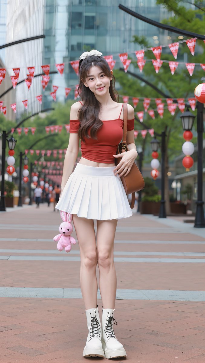 [Kling 提示词] 一张全身写实摄影照片：一位可爱的东亚年轻女性，二十岁出头，户外站立在一条宽阔的砖砌人行道上。她有着长长的波浪状深棕色头发，搭配柔和的帘式刘海，头顶有一小束头发用白色发圈...