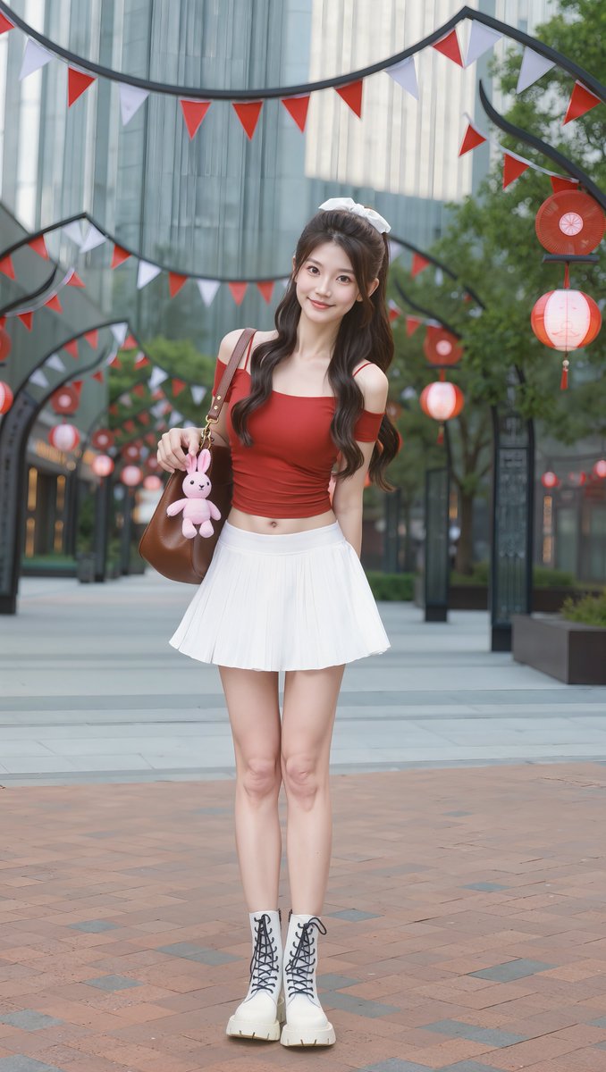 [Kling 提示词] 一张全身写实摄影照片：一位可爱的东亚年轻女性，二十岁出头，户外站立在一条宽阔的砖砌人行道上。她有着长长的波浪状深棕色头发，搭配柔和的帘式刘海，头顶有一小束头发用白色发圈...