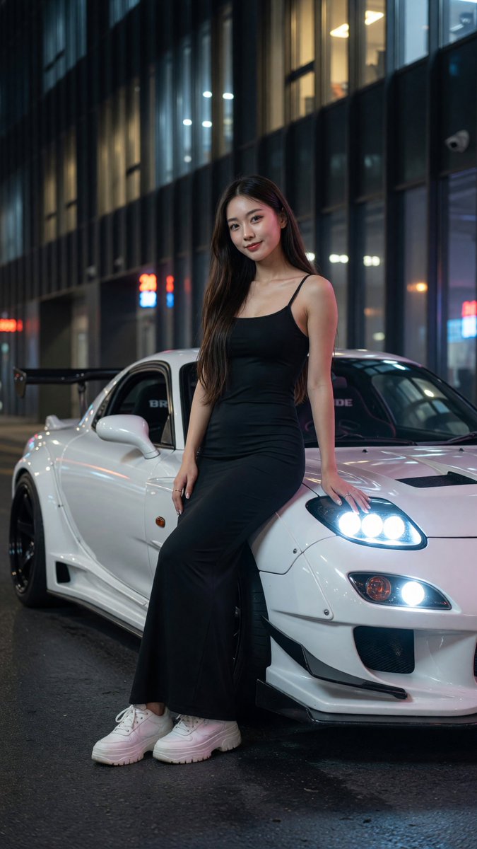 写实风格全身夜景人像：一位美丽的年轻东亚女性，二十出头，柔顺的深棕色长发如丝般垂落于一侧肩头，淡雅自然妆容，唇色微红，神情平静略带俏皮地凝视镜头。她身着黑色紧身细吊带包身及踝连衣裙，完美勾勒曲...