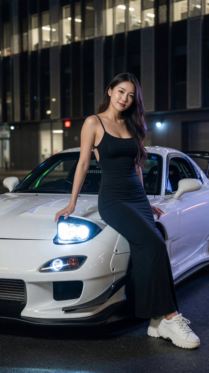 写实风格全身夜景人像：一位美丽的年轻东亚女性，二十出头，柔顺的深棕色长发如丝般垂落于一侧肩头，淡雅自然妆容，唇色微红，神情平静略带俏皮地凝视镜头。她身着黑色紧身细吊带包身及踝连衣裙，完美勾勒曲...