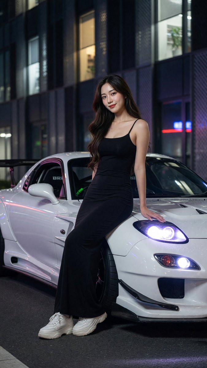 写实风格全身夜景人像：一位美丽的年轻东亚女性，二十出头，柔顺的深棕色长发如丝般垂落于一侧肩头，淡雅自然妆容，唇色微红，神情平静略带俏皮地凝视镜头。她身着黑色紧身细吊带包身及踝连衣裙，完美勾勒曲...