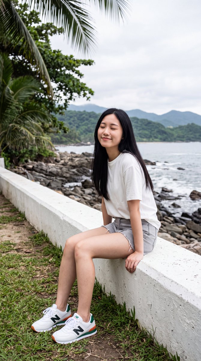 [Nano Banana Prompt] 一张写实风格的照片：一位年轻的东亚女性，长长的直发顺滑乌黑，披散在肩背两侧，随意坐在一道低矮的白色混凝土海堤上。她身穿一件素色白色短袖T恤，搭配浅灰色...