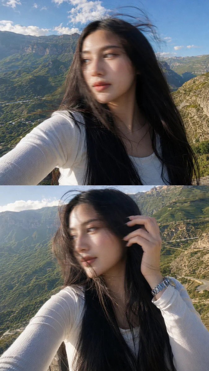 一张梦幻电影感的自拍照：一位美丽的年轻女子站在山顶观景点，长发笔直乌黑，拍摄于黄金时刻。她身穿一件修身白色长袖上衣，佩戴一只银色金属腕表。微风轻轻吹动她的头发拂过面庞，她柔和自然地望向镜头之外...