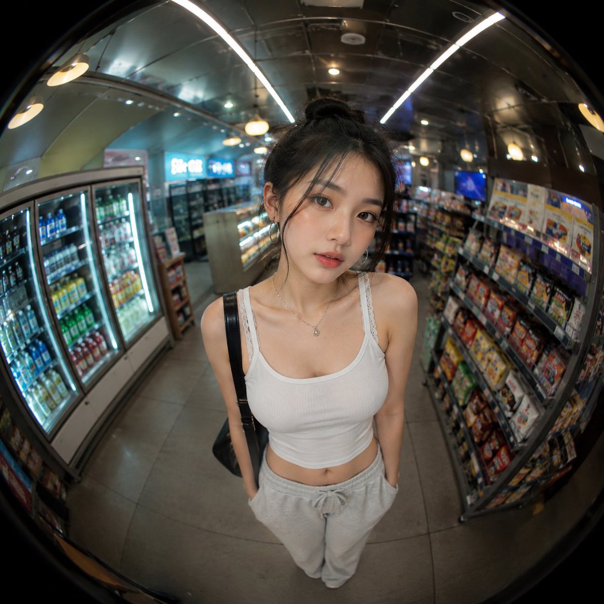 GPT Image 2 on ChatGPT 提示词； 创建一张写实风格的人像照片，主体位于 内部 ，使用超广角鱼眼镜头从近距离、略微偏高的视角...