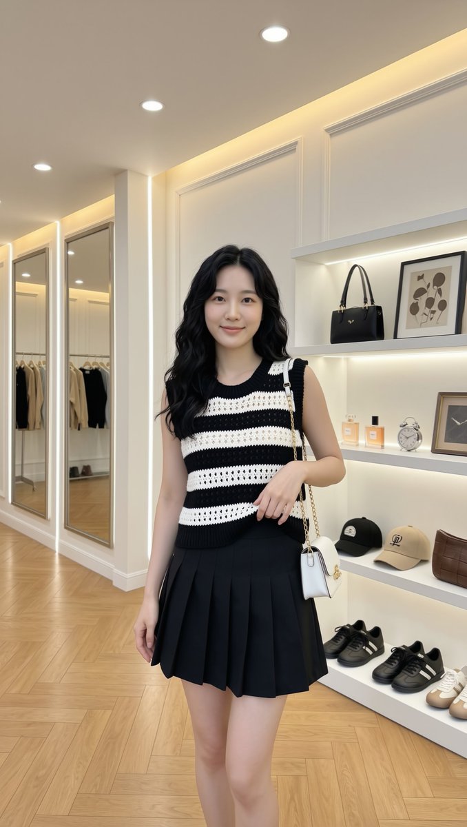 一张照片般逼真的全身人像摄影：一位美丽的年轻东亚女性,二十岁出头,长而波浪状的黑色长发披散在肩头,瓷白无瑕的肌肤,精致柔美的面部轮廓,淡雅自然的妆容,嘴角微扬、嘴唇轻闭的温柔微笑,目光直视镜头...