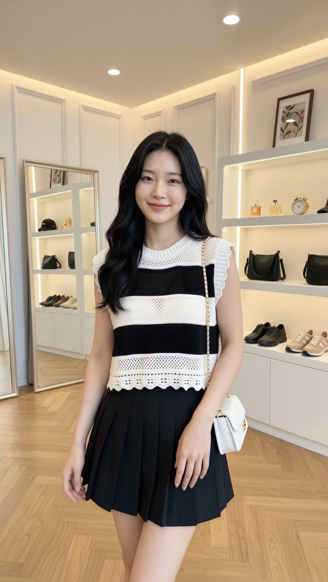 一张照片般逼真的全身人像摄影：一位美丽的年轻东亚女性,二十岁出头,长而波浪状的黑色长发披散在肩头,瓷白无瑕的肌肤,精致柔美的面部轮廓,淡雅自然的妆容,嘴角微扬、嘴唇轻闭的温柔微笑,目光直视镜头...