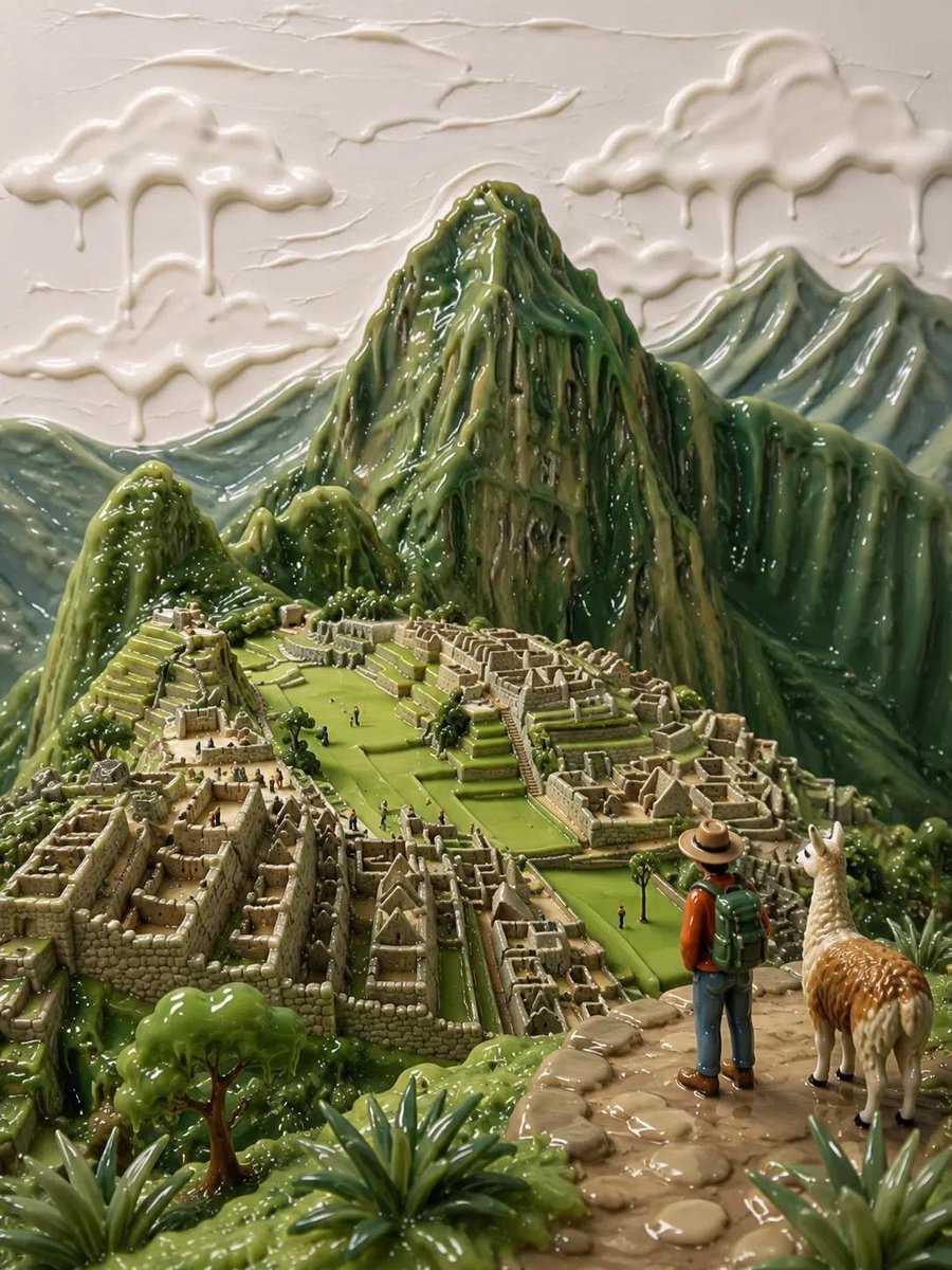 [目的地/地标] 的高度精细微缩立体模型，以手工制作的抛光黏土与树脂雕塑形式呈现。电影感构图，以标志性地标为视觉焦点，周围环绕着当地特有的自然景观、植被与文化元素。背景采用厚重的厚涂式（imp...