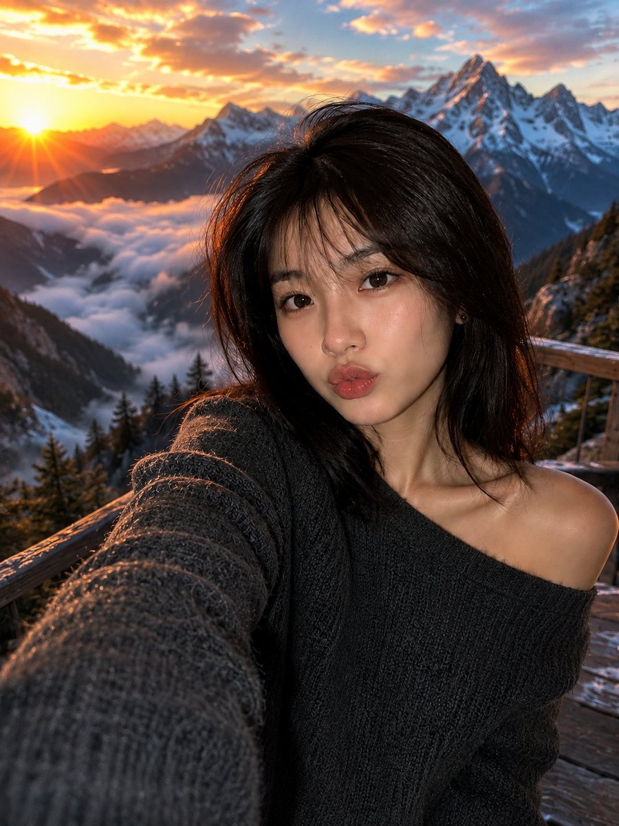 超写实电影感自拍肖像：一位令人惊艳的年轻东亚女性，在黄金时段的日出时分，站在一处豪华的木质山顶观景台上。她有一头丝般顺滑的乌黑齐肩短发，柔和轻盈的中分刘海在微风中轻轻飘动，皮肤如瓷般无瑕，妆容...