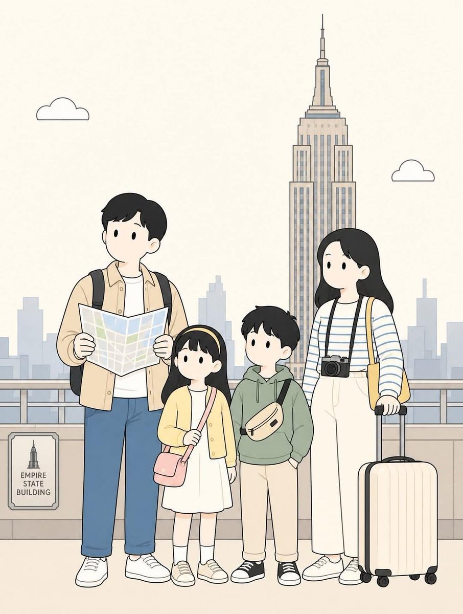 创建一幅竖版 3:4 比例的扁平二维矢量插画，描绘四口之家在{LOCATION}享受宁静的旅程。 场景：一家人一起站在{LANDMARK_OR_STREET}，平静地在画面中前景中央摆姿势。父...