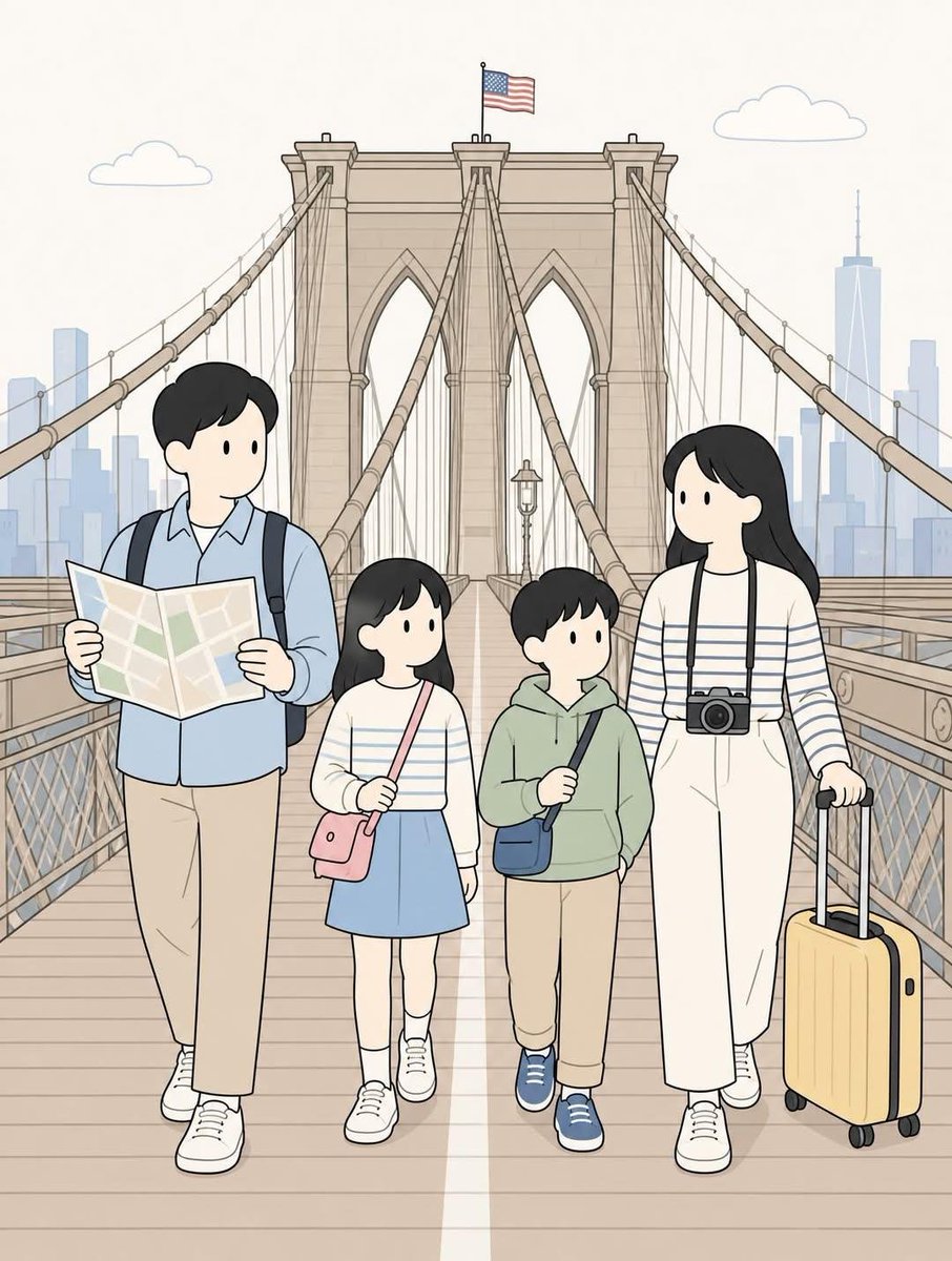 创建一幅竖版 3:4 比例的扁平二维矢量插画，描绘四口之家在{LOCATION}享受宁静的旅程。 场景：一家人一起站在{LANDMARK_OR_STREET}，平静地在画面中前景中央摆姿势。父...