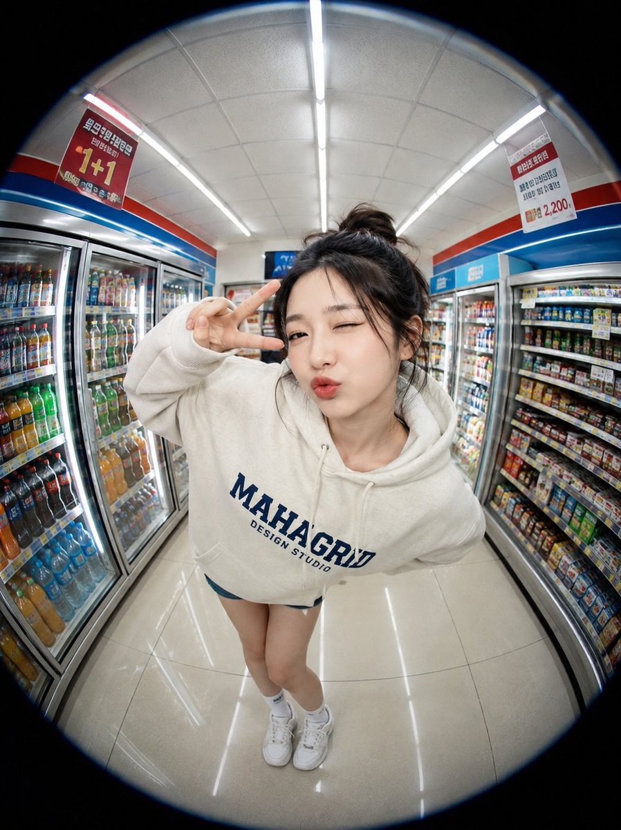 Create a highly realistic fisheye-lens portrait of SUBJECT standing insi...