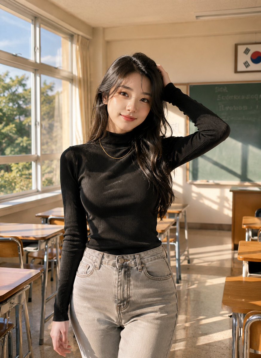 GPT Image 2 on ChatGPT 提示词； 超写实的编辑级人像摄影：一位美丽的年轻韩国女性，在一间空无一人的韩国高中教室内，站在高大...