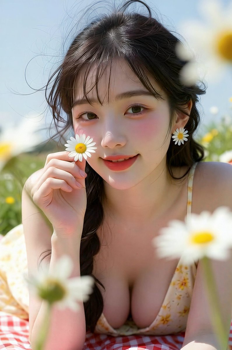 👇 主要主体： 20岁东亚女孩，黑色长发编成一条辫子，碎乱刘海在风中飘动，柔和圆润的婴儿脸，脸颊泛着粉色红晕，明亮清澈的眼睛，温柔微笑露出轻微的...