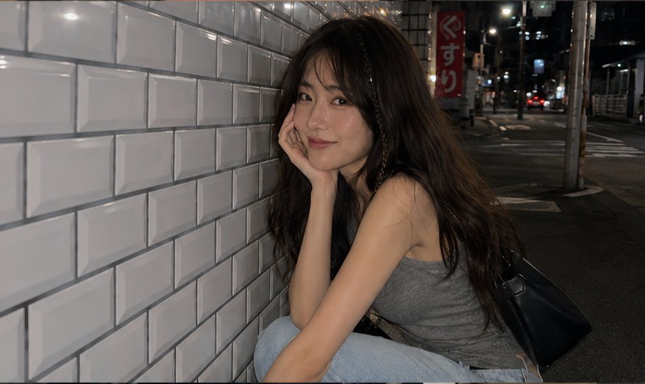 一张电影感十足的夜间街头抓拍人像，拍摄于日本街头，使用 iPhone 拍摄。一名年轻女子，长长的深棕色波浪卷发中编有一缕细辫，淡妆，嘴角带着若有若无的微笑，回头望向镜头。她身穿灰色无袖上衣，搭...