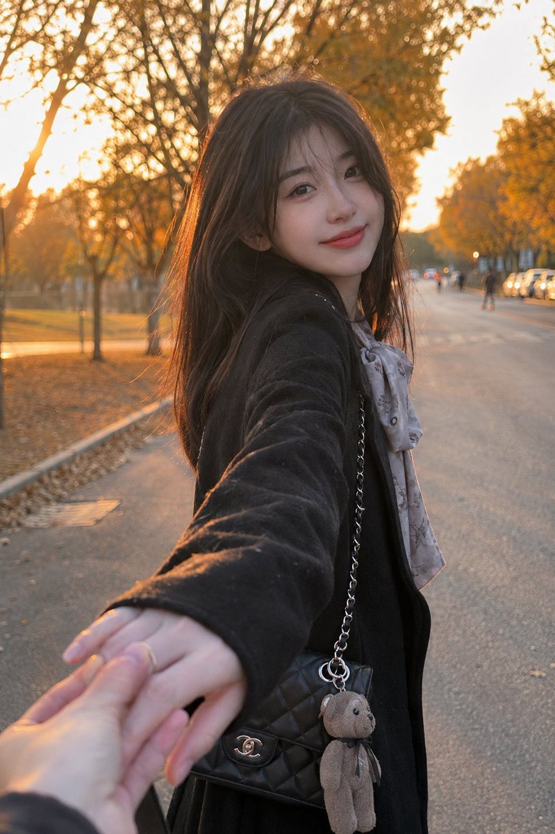 一张黄金时刻的街拍人像，写实风格，画面中是一位美丽的年轻女性，留着长直深棕色头发，身穿一件时尚的黑色羊毛大衣，脖子上围着一条柔软的灰色花卉蝴蝶结...