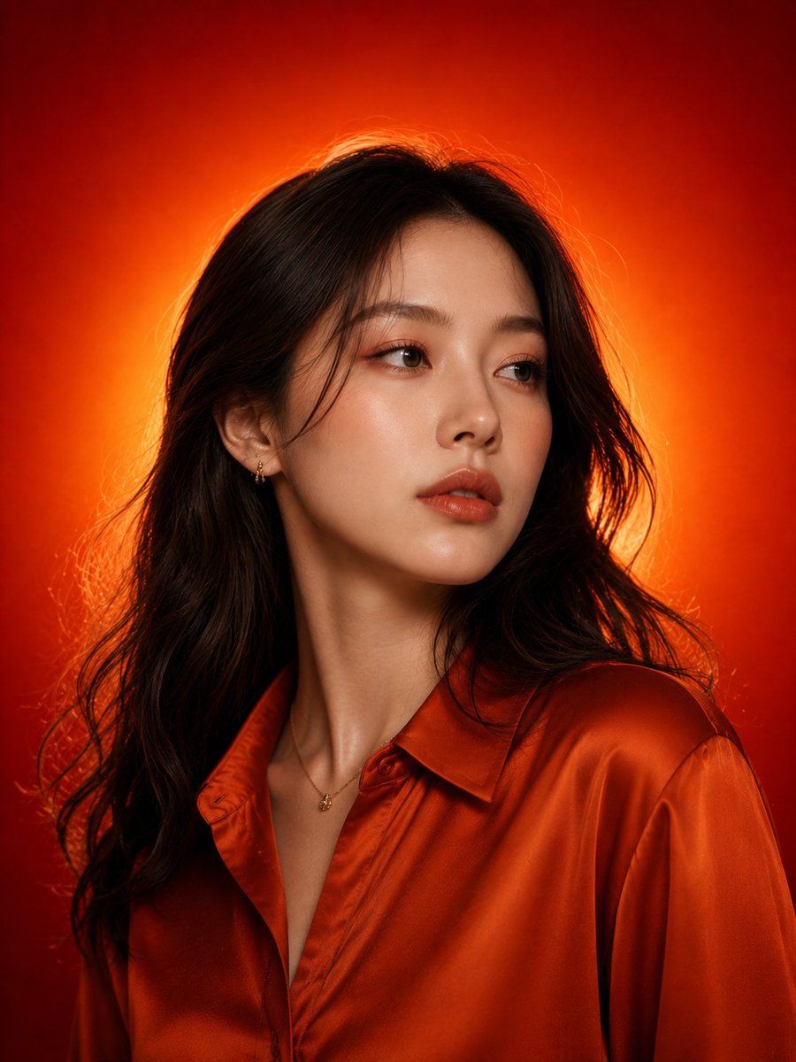 超现实、电影感的影棚美妆肖像照，镜头中是一位惊艳的年轻东亚女性，拥有完美无瑕的瓷白肌肤、柔和的杏仁形深棕色眼睛、自然立体的眉毛、光泽裸色唇妆，以及细腻的暖色调妆容。她拥有一头长而丝滑、略带波浪...